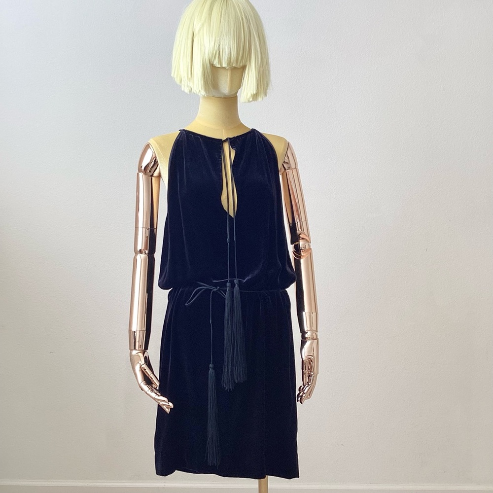 Nili LOTAN Jamie  Dark Blue Velvet Tassel Tie Mini Dress NWT SZ S